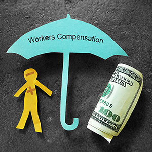 Blue umbrella labeled 'Workers Compensation' & money representing Workers Compensation claim - Leep Tescher Helfman and Zanze