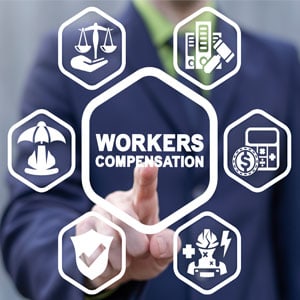 A hand of a worker pointing to icons representing the concept of workers' compensation. - Leep Tescher Helfman and Zanze