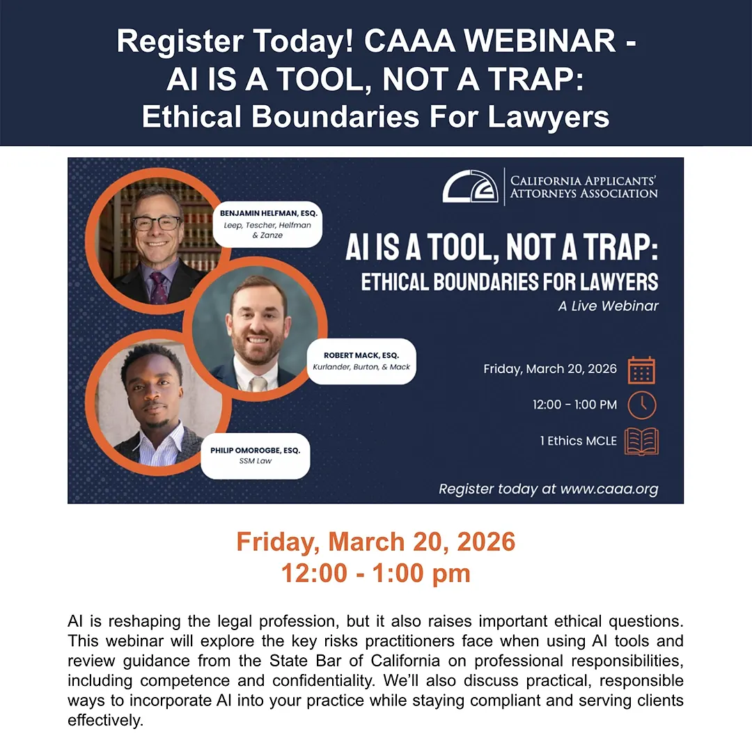 CAAA Webinar flyer for AI Is A Tool Not A Trap Ethical Boundaries For Lawyers featuring speakers Benjamin Helfman, Robert Mack, and Philip Omorogbe on Friday March 20 2026